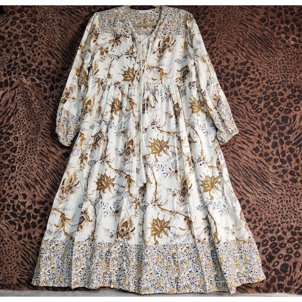 R. Vioimos Cream & Brown Keyhole Bohemian Gypsy Peasant Tassels Dress Size L